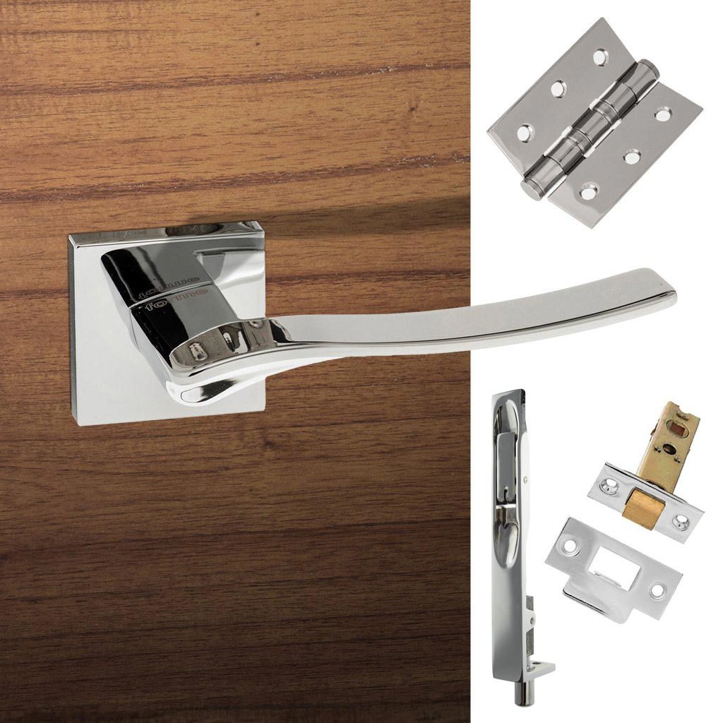 Rebated Double Door Pack Olimpia Forme Designer Lever on Minimal Square Rose Polished Chrome Combo Handle & Accessory Pack