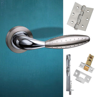Image: Rebated Double Door Pack Oran Mediterranean Lever On Rose Satin Nickel Polished Chrome Combo Handle & Accessory Pack