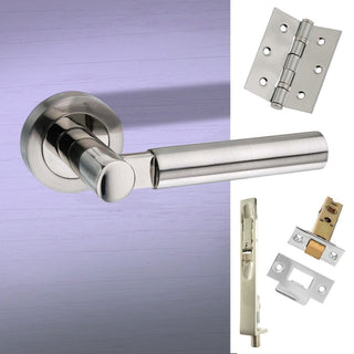 Image: Rebated Double Door Pack Palermo Mediterranean Lever on Rose Satin Nickel/Polished Nickel Combo Handle & Accessory Pack