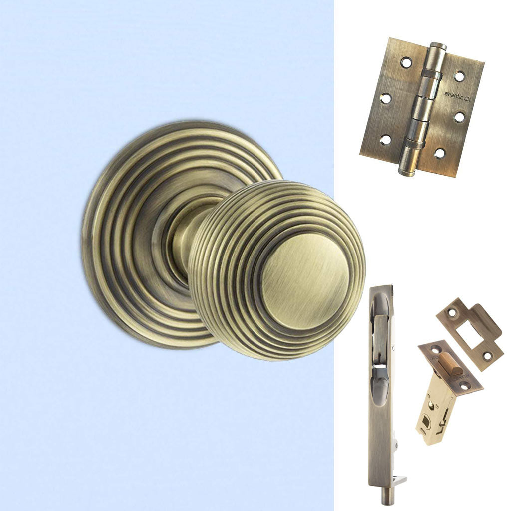 Double Door Pack Ripon Reeded Old English Mortice Knob Antique Brass Combo Handle & Accessory Pack