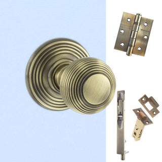 Image: Double Door Pack Ripon Reeded Old English Mortice Knob Antique Brass Combo Handle & Accessory Pack