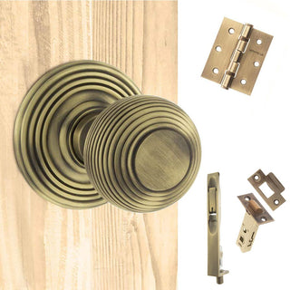 Image: Double Door Pack Ripon Reeded Old English Mortice Knob Matt Antique Brass Combo Handle & Accessory Pack