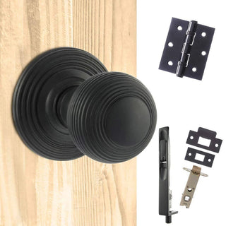 Image: Rebated Double Door Pack Ripon Reeded Old English Mortice Knob Matt Black Combo Handle & Accessory Pack