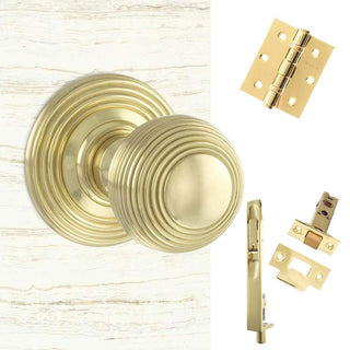 Image: Double Door Pack Ripon Reeded Old English Mortice Knob Polished Brass Combo Handle & Accessory Pack