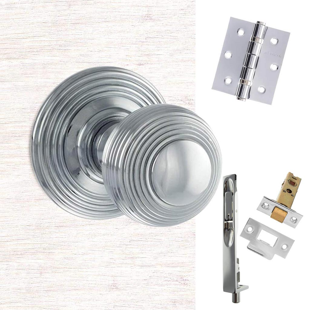 Double Door Pack Ripon Reeded Old English Mortice Knob Polished Chrome Combo Handle & Accessory Pack
