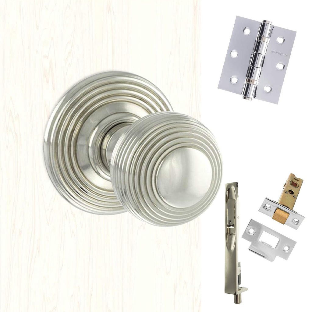 Rebated Double Door Pack Ripon Reeded Old English Mortice Knob Polished Nickel Combo Handle & Accessory Pack