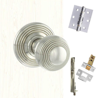 Image: Rebated Double Door Pack Ripon Reeded Old English Mortice Knob Polished Nickel Combo Handle & Accessory Pack