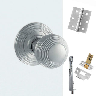 Image: Rebated Double Door Pack Ripon Reeded Old English Mortice Knob Satin Chrome Combo Handle & Accessory Pack