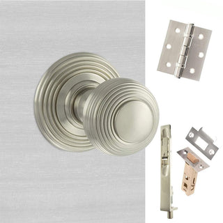 Image: Rebated Double Door Pack Ripon Reeded Old English Mortice Knob Satin Nickel Combo Handle & Accessory Pack