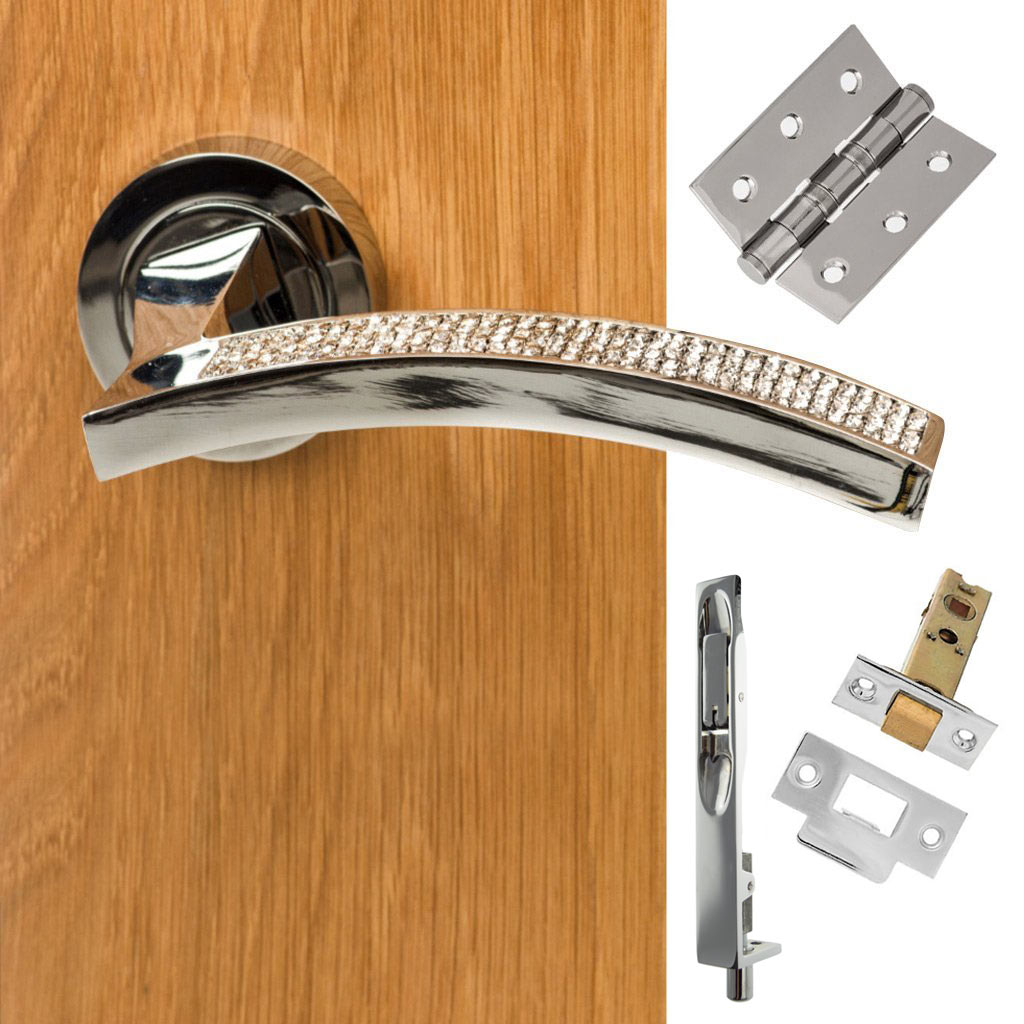 Double Door Pack Senza Pari Crystal Lever on Round Rose CR Polished Chrome Combo Handle & Accessory Pack