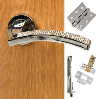 Image: Rebated Double Door Pack Senza Pari Crystal Lever on Round Rose CR Polished Chrome Combo Handle & Accessory Pack