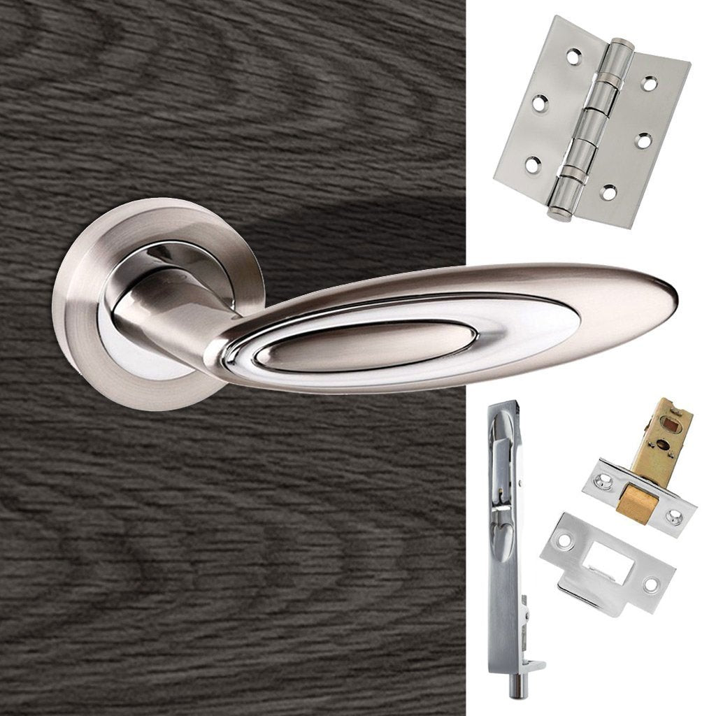 Rebated Double Door Pack Senza Pari Elisse Lever on Rose Satin Nickel Polished Chrome Combo Handle & Accessory Pack