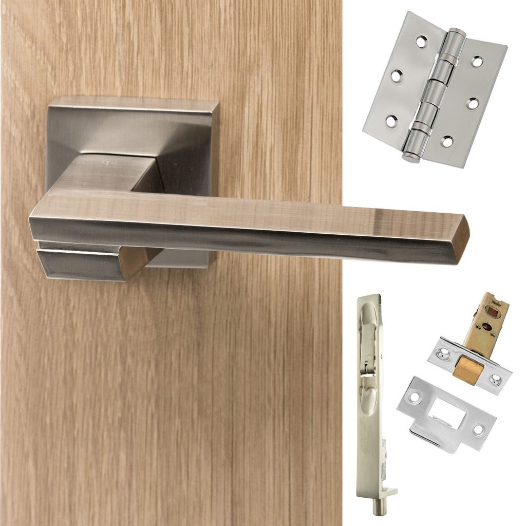 Rebated Double Door Pack Senza Pari Giovanni Lever on Flush Rose Satin Nickel Combo Handle & Accessory Pack