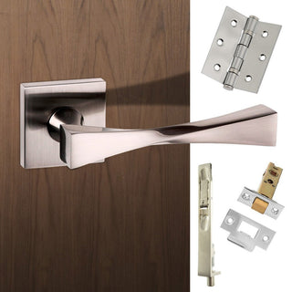 Image: Rebated Double Door Pack Senza Pari Guido Lever on Flush Rose Satin Nickel Combo Handle & Accessory Pack