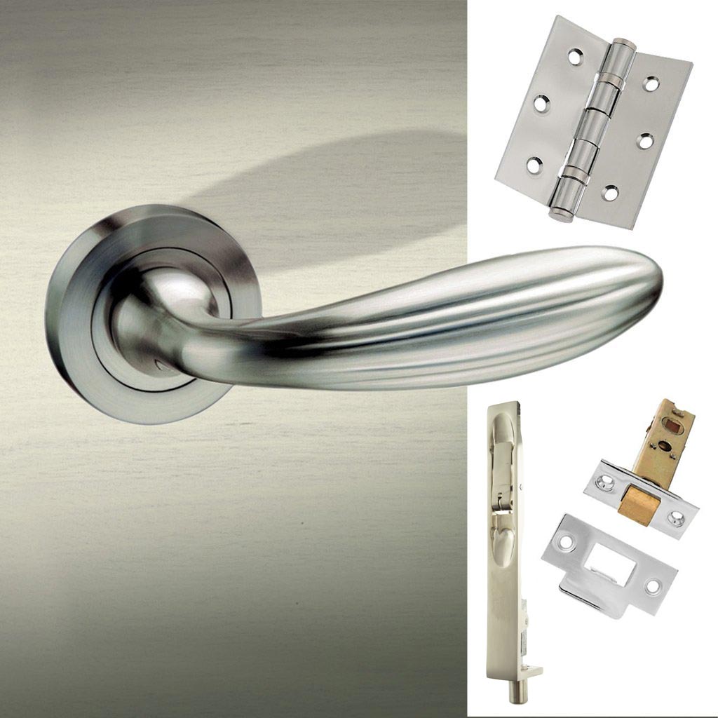 Double Door Pack Terassa Mediterranean Lever on Rose Satin Nickel Combo Handle & Accessory Pack