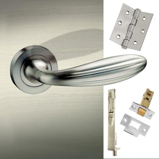 Image: Rebated Double Door Pack Terassa Mediterranean Lever on Rose Satin Nickel Combo Handle & Accessory Pack