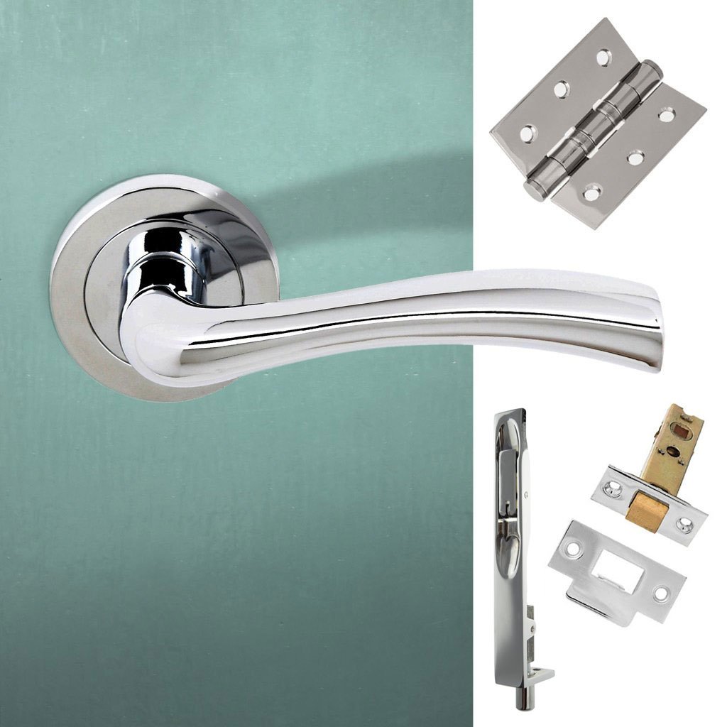 Rebated Double Door Pack Texas Status Lever on Round Rose Polished Chrome Combo Handle & Accessory Pack