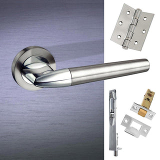 Image: Double Door Pack Toulon Mediterranean Lever on Rose Satin Nickel Polished Chrome Combo Handle & Accessory Pack
