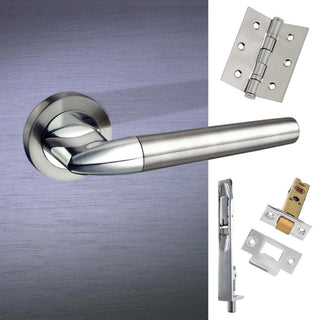 Image: Rebated Double Door Pack Toulon Mediterranean Lever on Rose Satin Nickel Polished Chrome Combo Handle & Accessory Pack