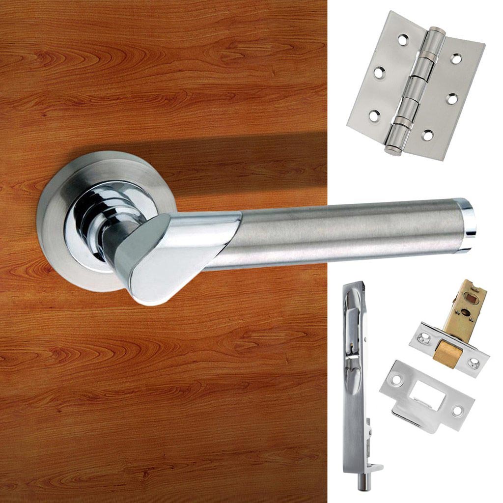 Double Door Pack Tunis Mediterranean Lever on Rose Satin Nickel Polished Chrome Combo Handle & Accessory Pack