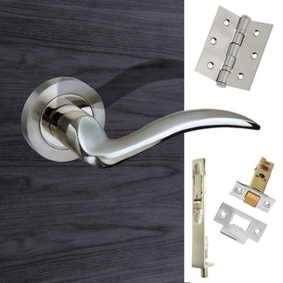 Image: Double Door Pack Valencia Mediterranean Lever On Rose Satin Nickel/Polished Nickel Combo Handle & Accessory Pack