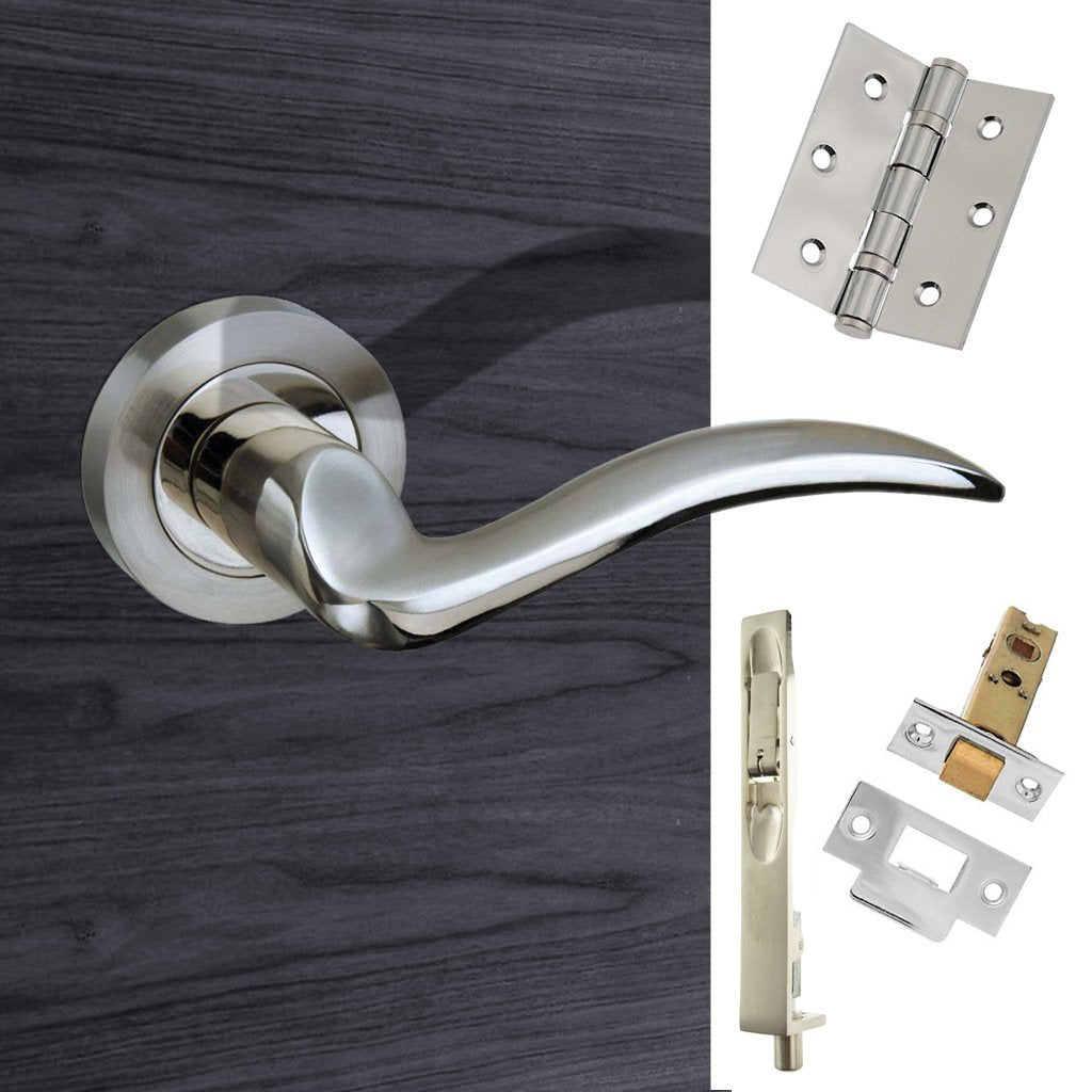 Rebated Double Door Pack Valencia Mediterranean Lever On Rose Satin Nickel/Polished Nickel Combo Handle & Accessory Pack