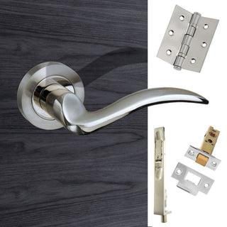 Image: Rebated Double Door Pack Valencia Mediterranean Lever On Rose Satin Nickel/Polished Nickel Combo Handle & Accessory Pack