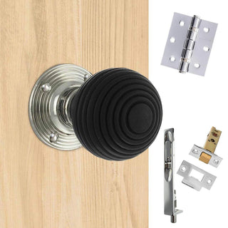 Image: Double Door Pack Whitby Reeded Ebony Wood Old English Mortice Knob Polished Nickel Combo Handle & Accessory Pack