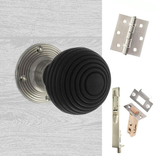 Image: Double Door Pack Whitby Reeded Ebony Wood Old English Mortice Knob Satin Nickel Combo Handle & Accessory Pack