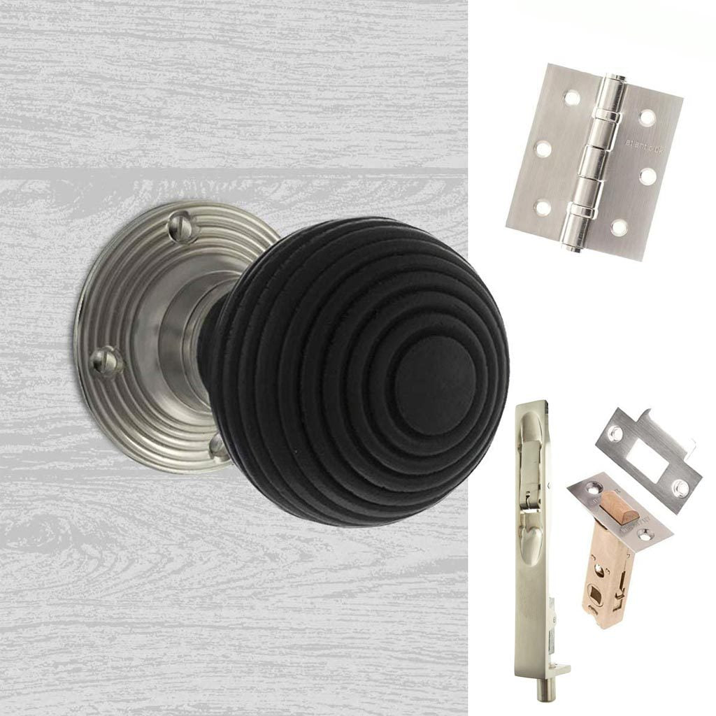 Rebated Double Door Pack Whitby Reeded Ebony Wood Old English Mortice Knob Satin Nickel Combo Handle & Accessory Pack