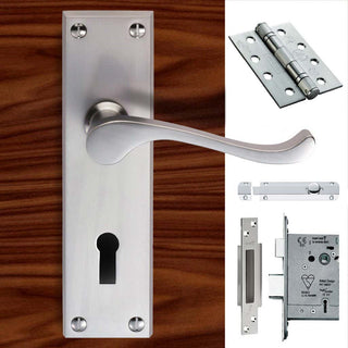 Image: Double Door CBS54 Victorian Scroll Suite Lever Lock Satin Chrome - Combo Handle & Accessory Pack