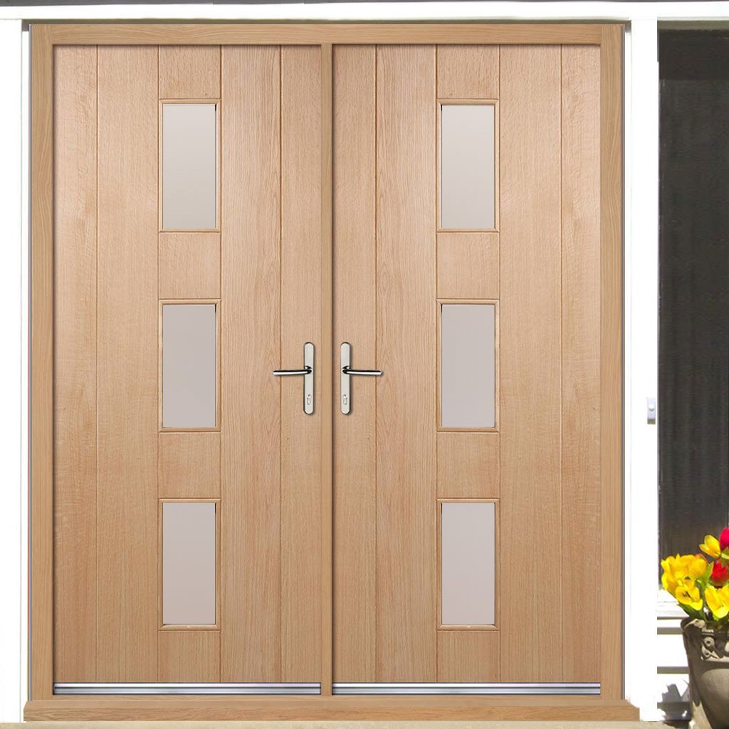 Copenhagen External Oak Double Door and Frame Set - Frosted Double Glazing, From LPD Joinery