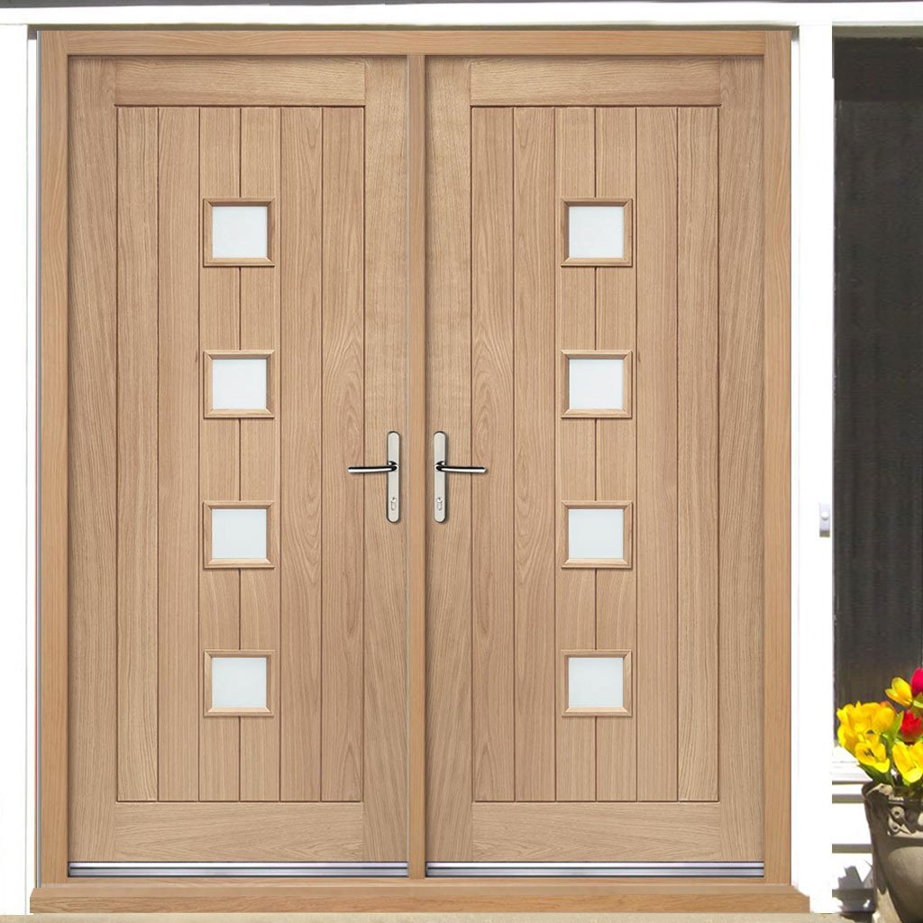 External Siena Oak Double Door and Frame Set - Frosted Double Glazing
