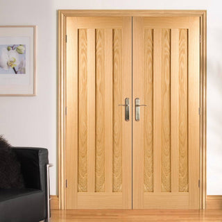 Image: LPD Joinery Idaho Oak 3 Panel Fire Door Pair - 30 Minute Fire Rated