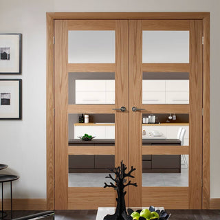 Image: Simpli Double Door Set - Shaker Oak 4 Pane Door - Clear Glass - Prefinished