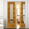 Mistral Oak Double Evokit Pocket Doors - Clear Glass - Prefinished
