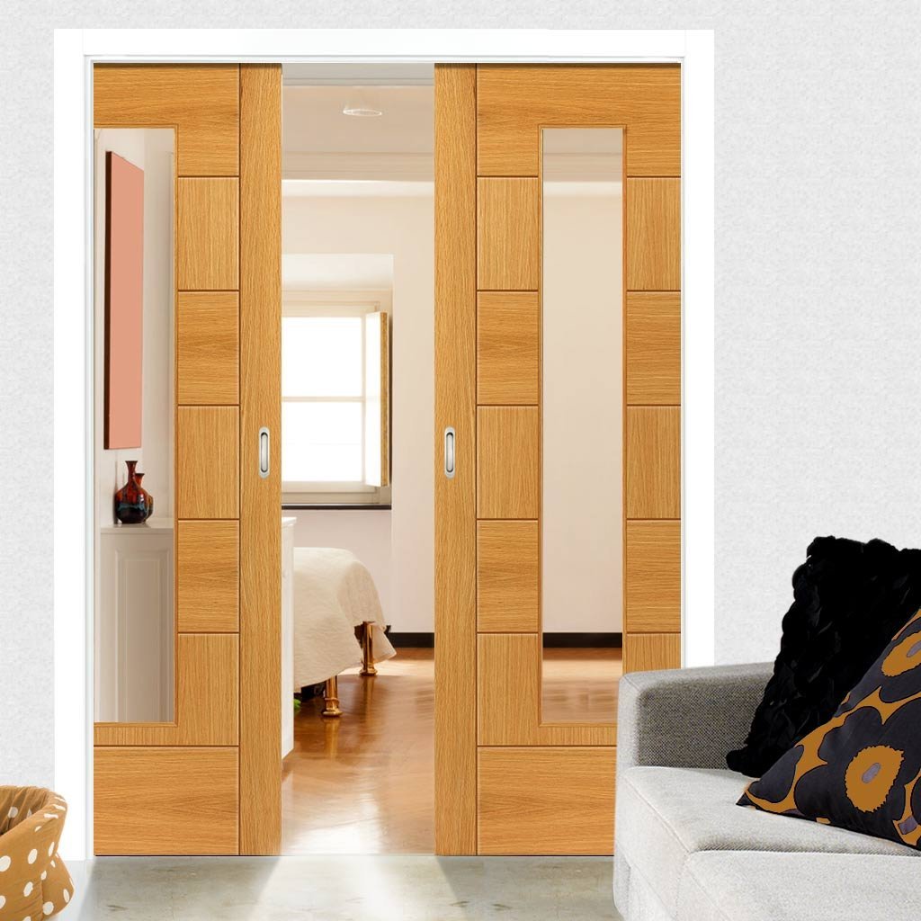 Sirocco Oak Double Evokit Pocket Doors - Clear Glass - Prefinished