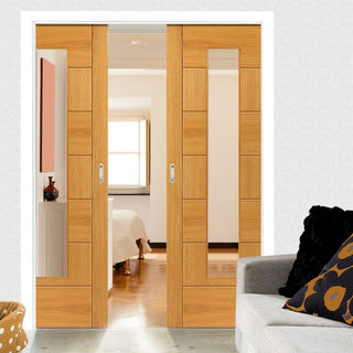 Image: Sirocco Oak Double Evokit Pocket Doors - Clear Glass - Prefinished