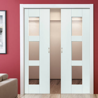 Image: Geo Double Evokit Pocket Doors - Clear Glass - White Primed