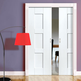 Image: Geo Panelled Double Evokit Pocket Doors - White Primed