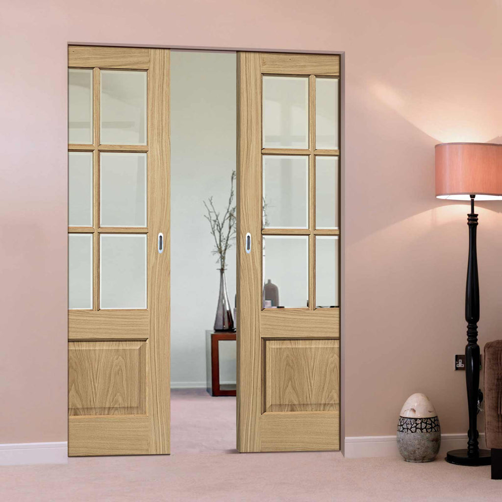 Dove Oak Absolute Evokit Double Pocket Doors - Clear Glass