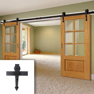 Image: Double Sliding Door & Arrowhead Black Track - Dove Oak Doors - Clear Glass