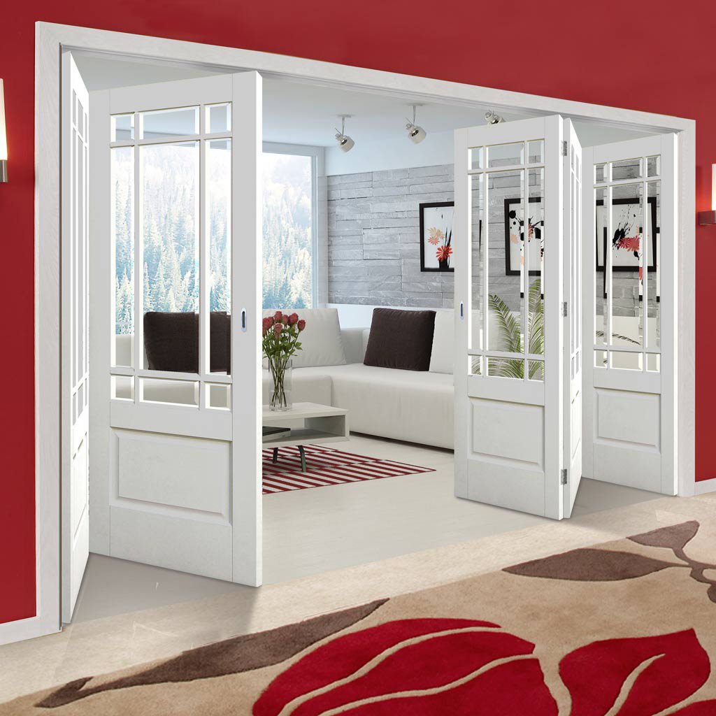 Five Folding Doors & Frame Kit - Downham 3+2 - Bevelled Clear Glass - White Primed