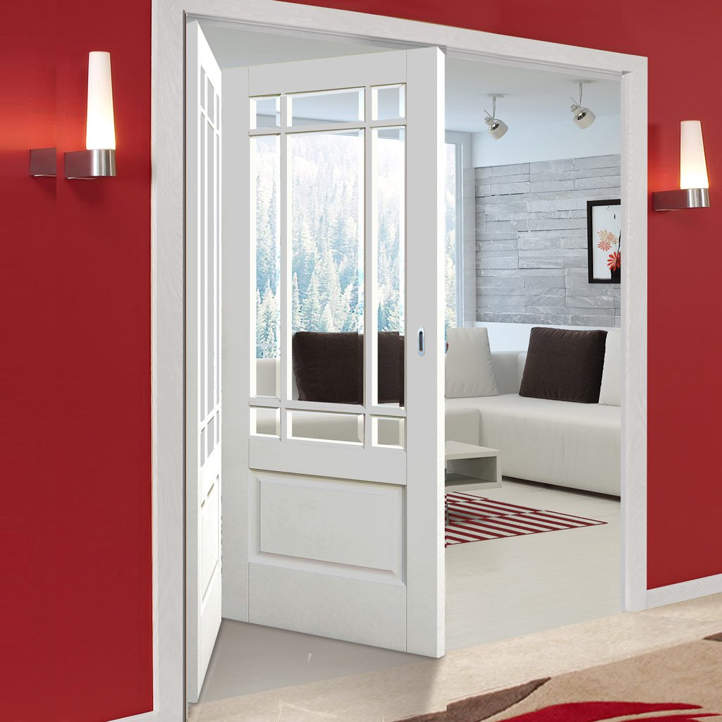 Two Folding Doors & Frame Kit - Downham 2+0 - Bevelled Clear Glass - White Primed