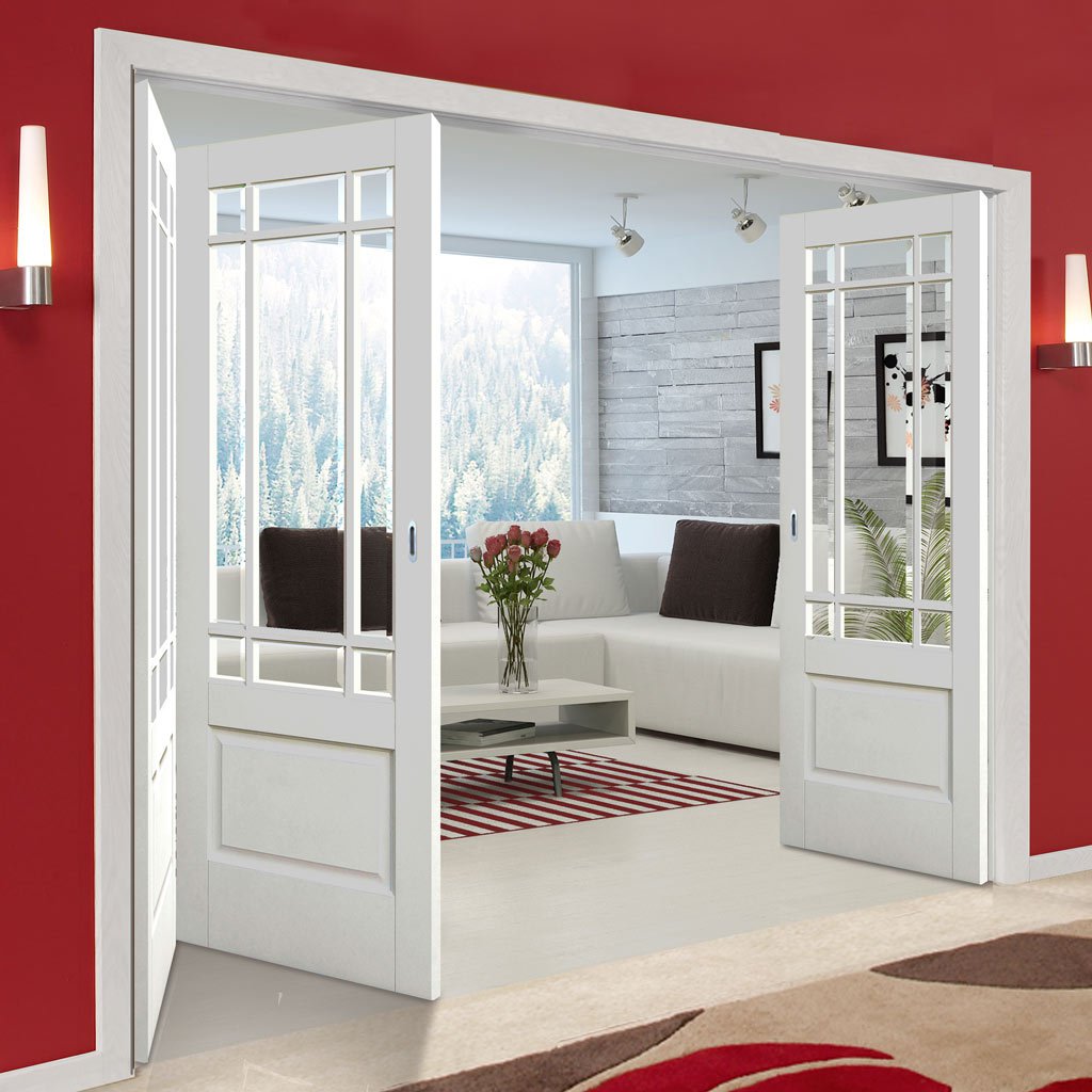 Three Folding Doors & Frame Kit - Downham 2+1 Folding Door- Bevelled Clear Glass - White Primed