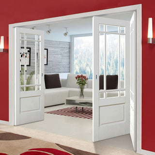 Image: Three Folding Doors & Frame Kit - Downham 2+1 Folding Door- Bevelled Clear Glass - White Primed