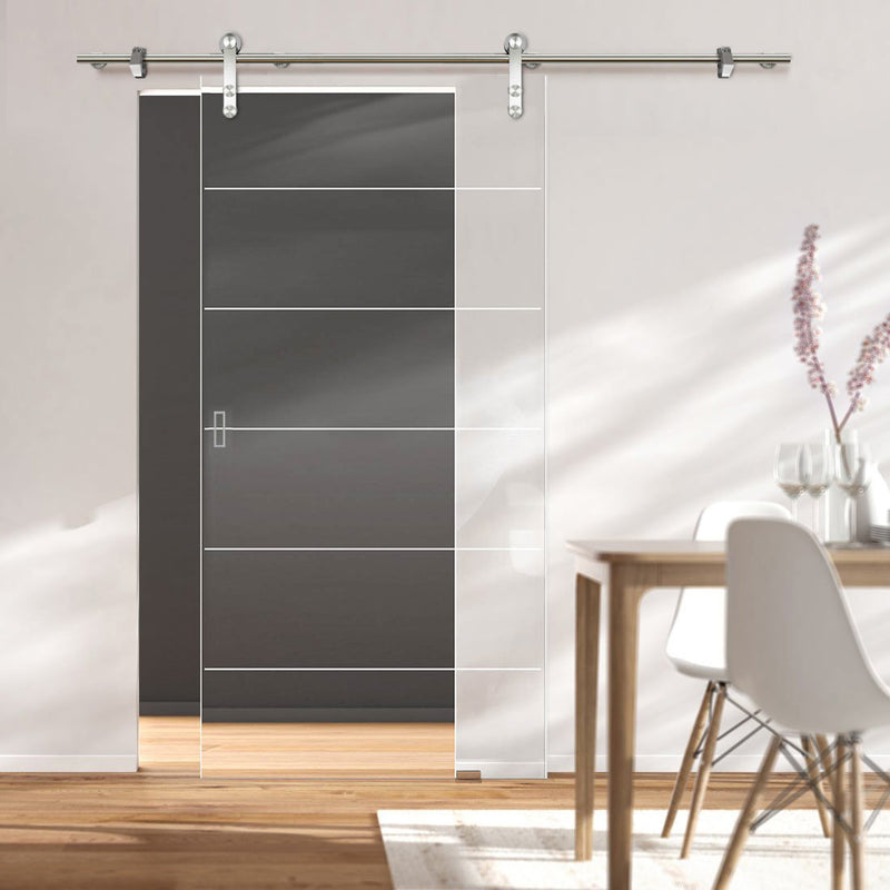 Single Glass Sliding Door - Solaris Tubular Stainless Steel Sliding Track & Drem 8mm Clear Glass - Obscure Printed Design