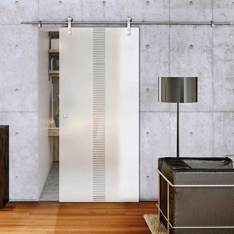 Single Glass Sliding Door - Solaris Tubular Stainless Steel Sliding Track & Duns 8mm Obscure Glass - Clear Printed Design
