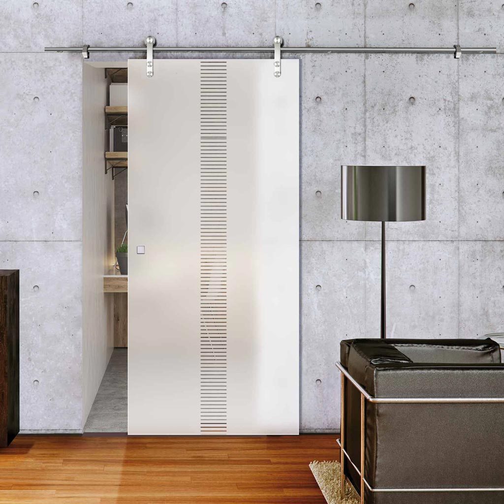 Single Glass Sliding Door - Solaris Tubular Stainless Steel Sliding Track & Duns 8mm Obscure Glass - Clear Printed Design
