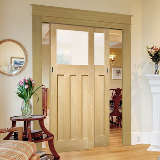 Image: Pass-Easi Two Sliding Doors and Frame Kit - DX 1930's Oak Door - Obscure Glass - Prefinished